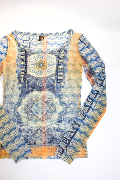 Jean Paul Gaultier 90s money print mesh longsleeve top