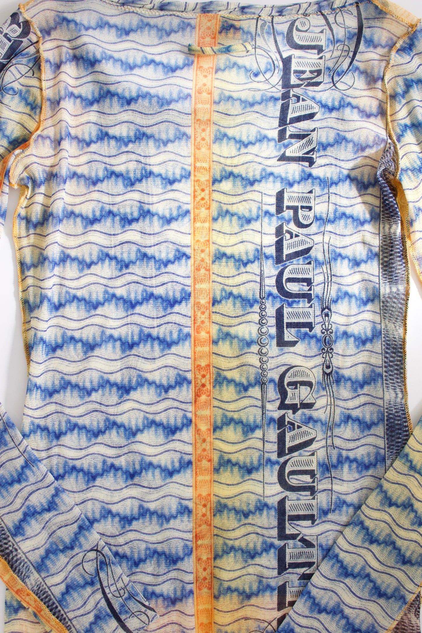 Jean Paul Gaultier 90s money print mesh longsleeve top