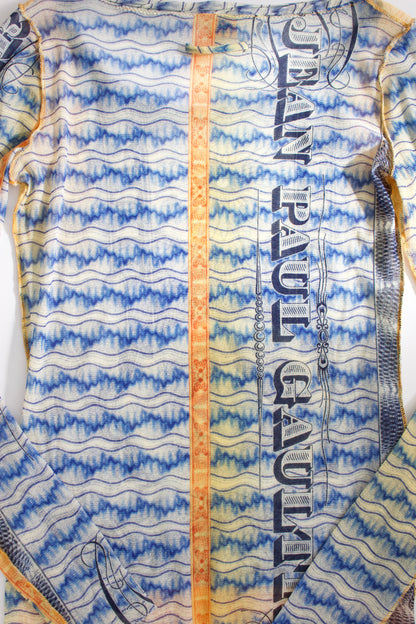 Jean Paul Gaultier 90s money print mesh longsleeve top