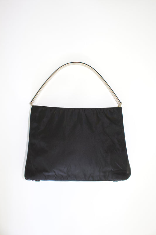Prada FW 1998 black nylon shoulder bag with metal handle