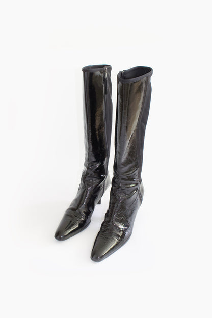 Prada 2000s black patent leather kitten-heel boots
