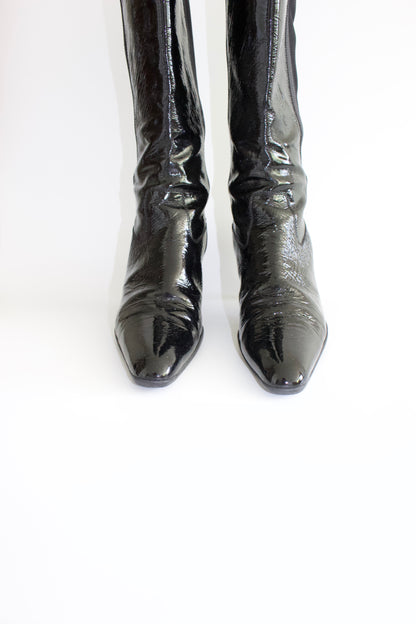 Prada 2000s black patent leather kitten-heel boots