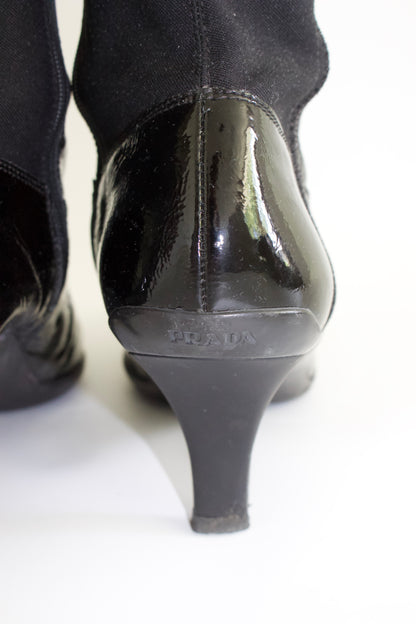 Prada 2000s black patent leather kitten-heel boots
