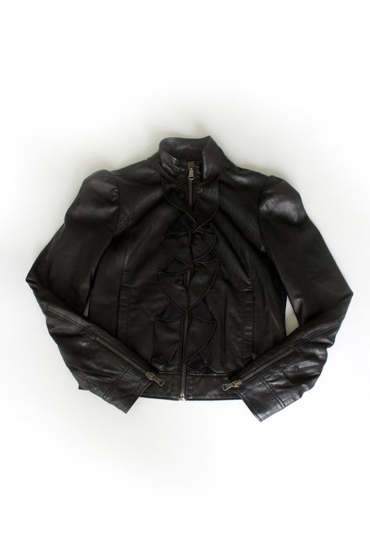 Dolce & Gabbana black leather jacket with ruffles