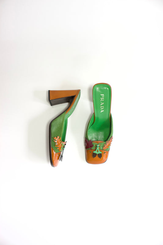 Prada FW 1999 orange leaf heeled mules