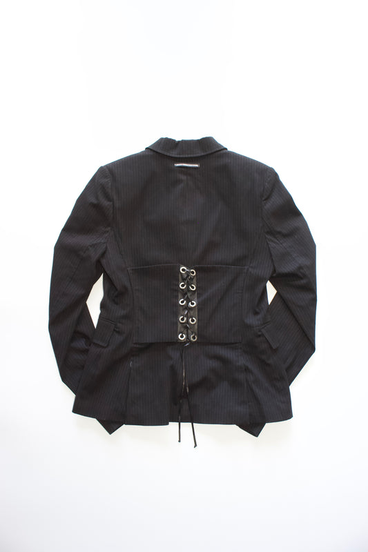 Jean Paul Gaultier black pinstripe blazer with back corset