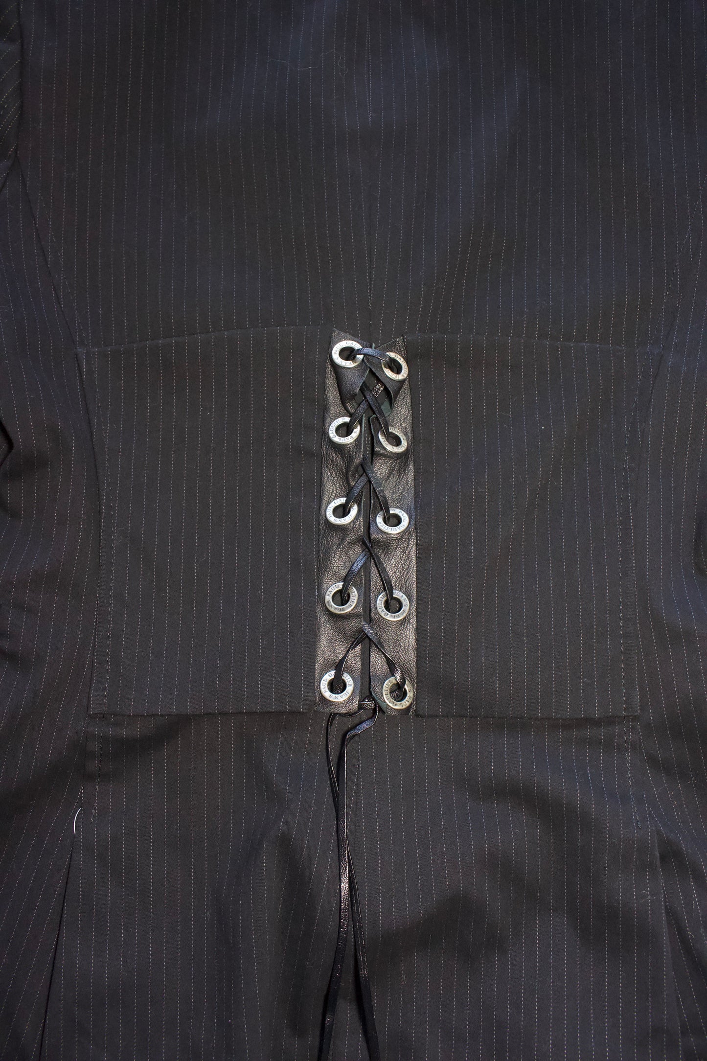 Jean Paul Gaultier black pinstripe blazer with back corset