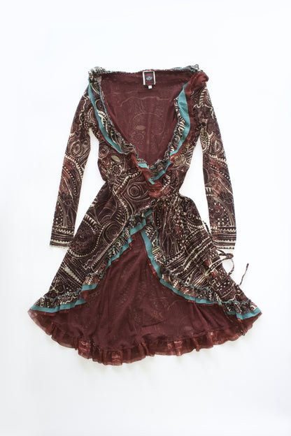 Jean Paul Gaultier brick-red and blue robe with ruffles