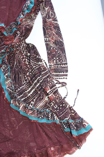 Jean Paul Gaultier brick-red and blue robe with ruffles