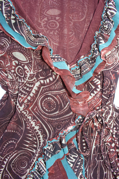 Jean Paul Gaultier brick-red and blue robe with ruffles