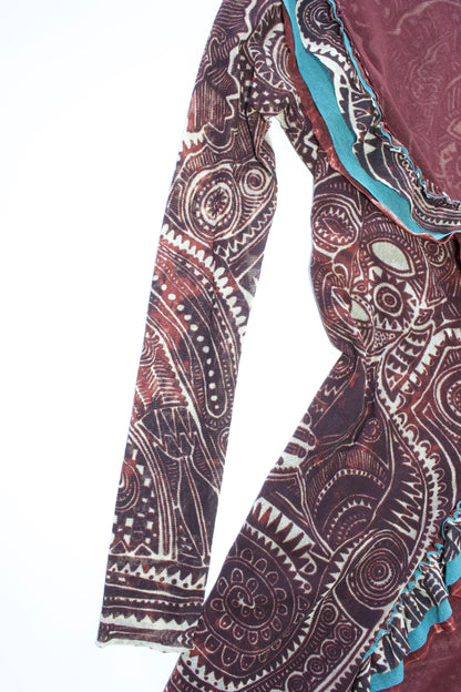 Jean Paul Gaultier brick-red and blue robe with ruffles