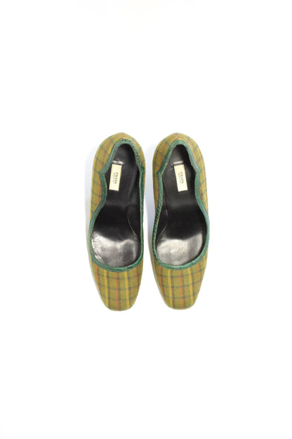 Prada FW 2004 green plaid curved heels