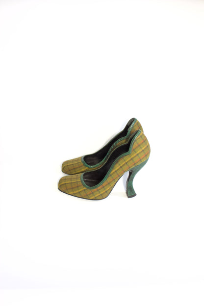 Prada FW 2004 green plaid curved heels