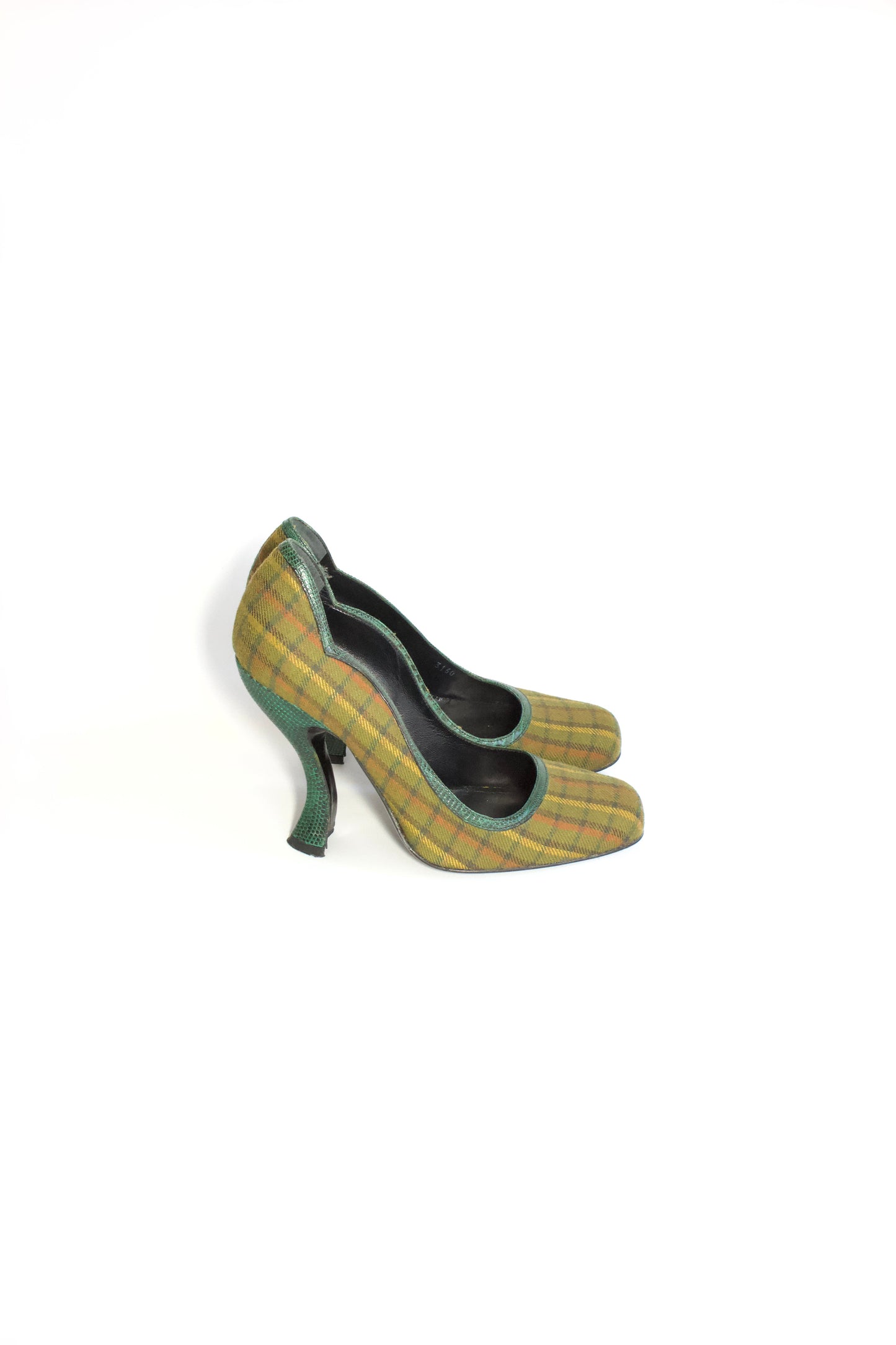 Prada FW 2004 green plaid curved heels