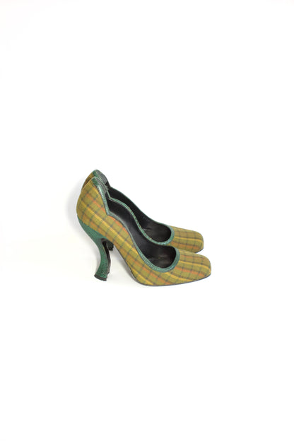 Prada FW 2004 green plaid curved heels