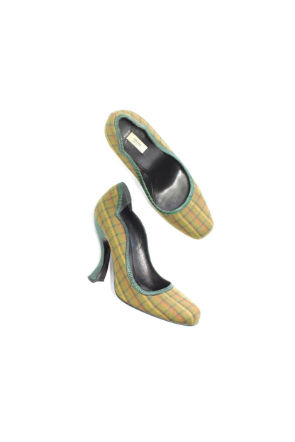 Prada FW 2004 green plaid curved heels