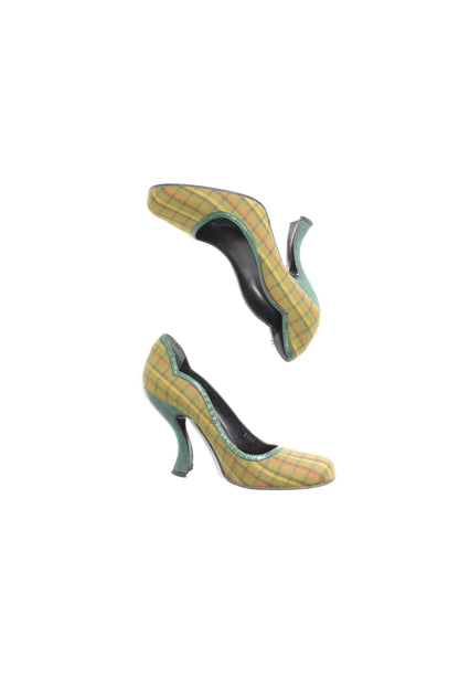 Prada FW 2004 green plaid curved heels