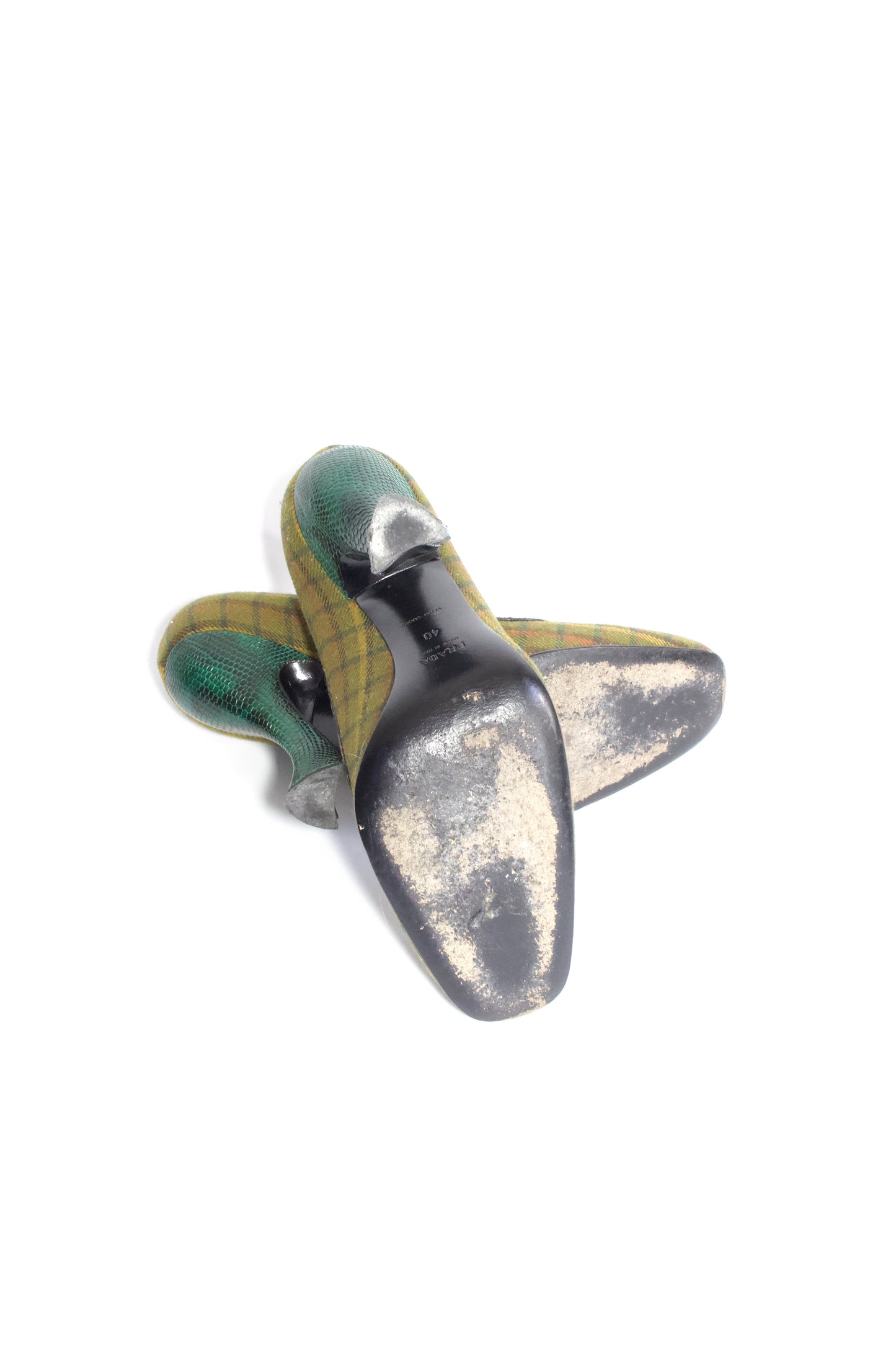 Prada FW 2004 green plaid curved heels