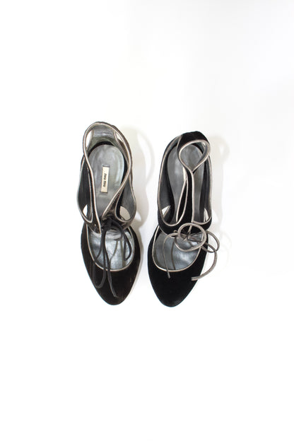 Miu Miu SS 2008 black velvet and crown jeweled heels
