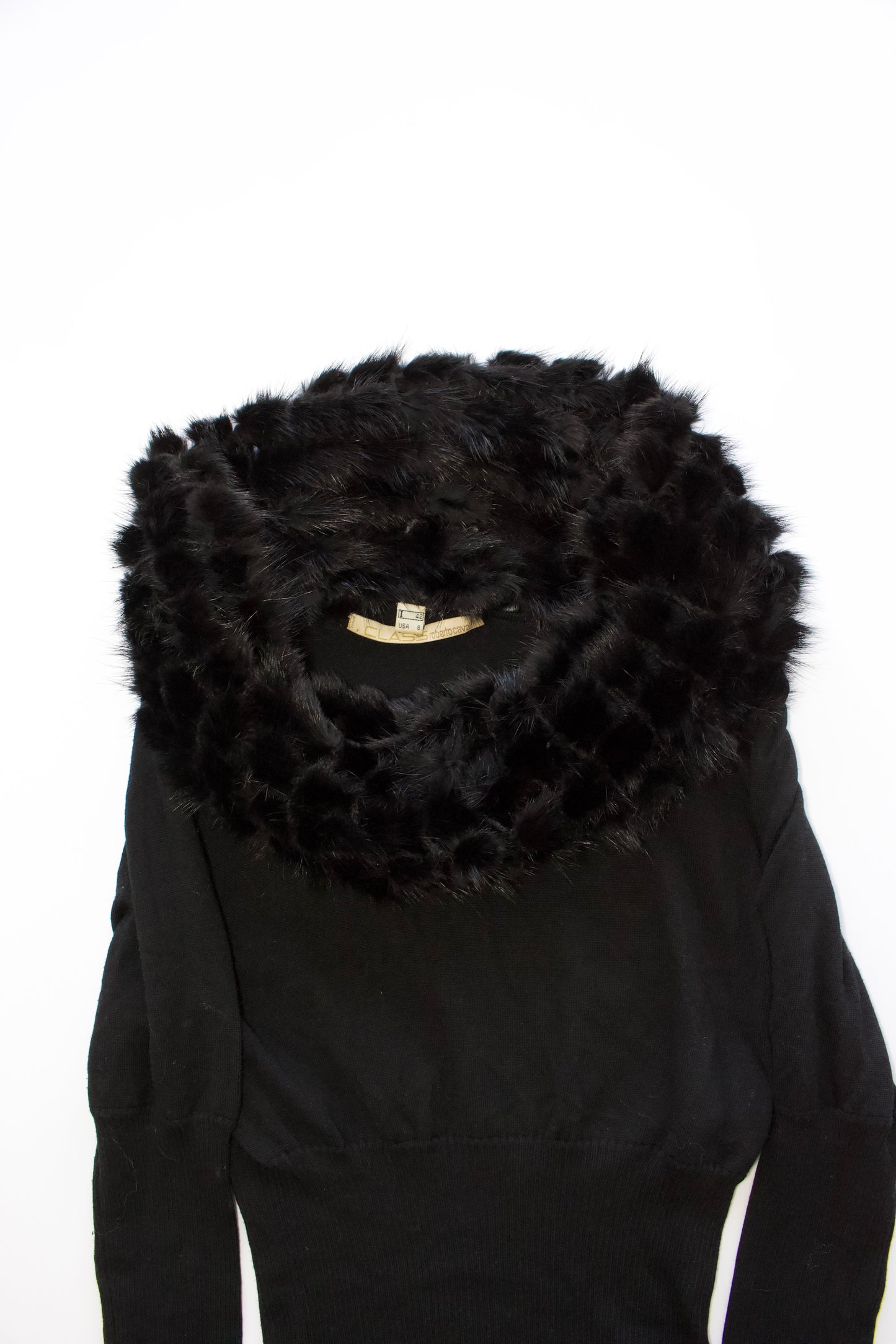 Roberto Cavallli black top with mink fur collar