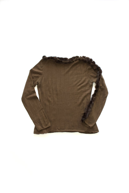 Roberto Cavalli brown top with mink fur sleeve