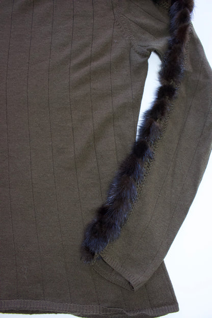 Roberto Cavalli brown top with mink fur sleeve