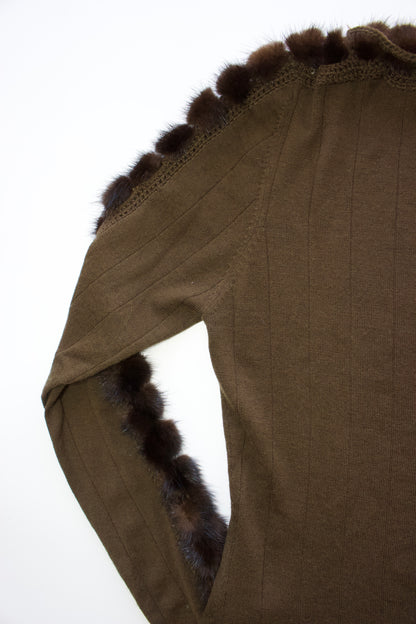 Roberto Cavalli brown top with mink fur sleeve