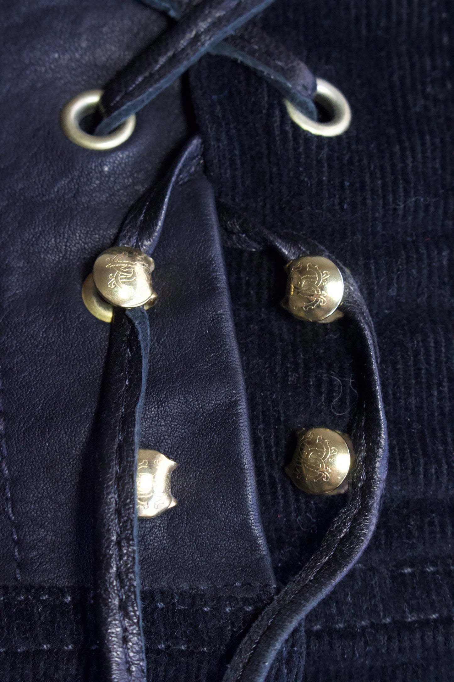 Roberto Cavalli SS 2003 black corduroy & leather capri