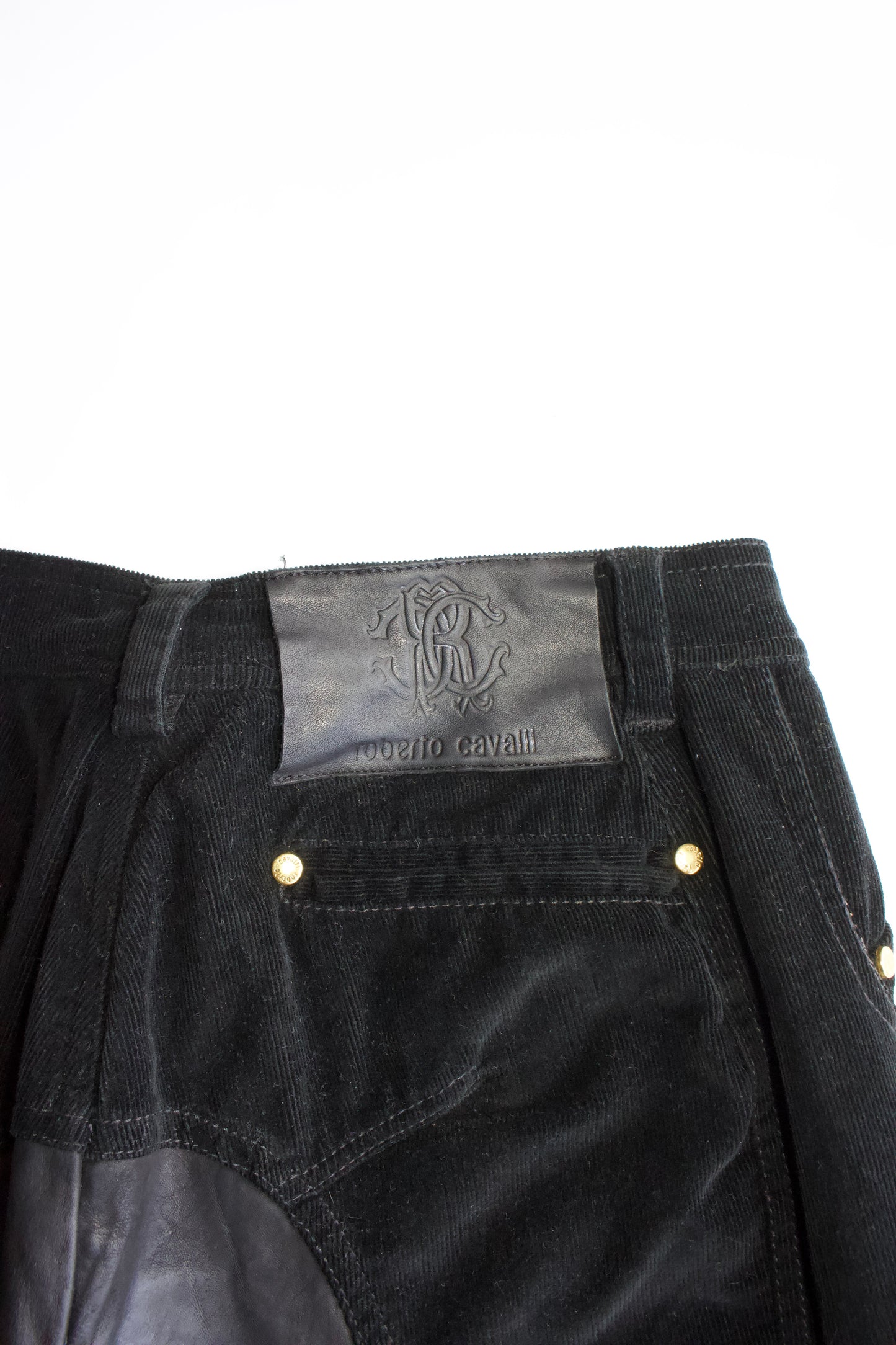 Roberto Cavalli SS 2003 black corduroy & leather capri