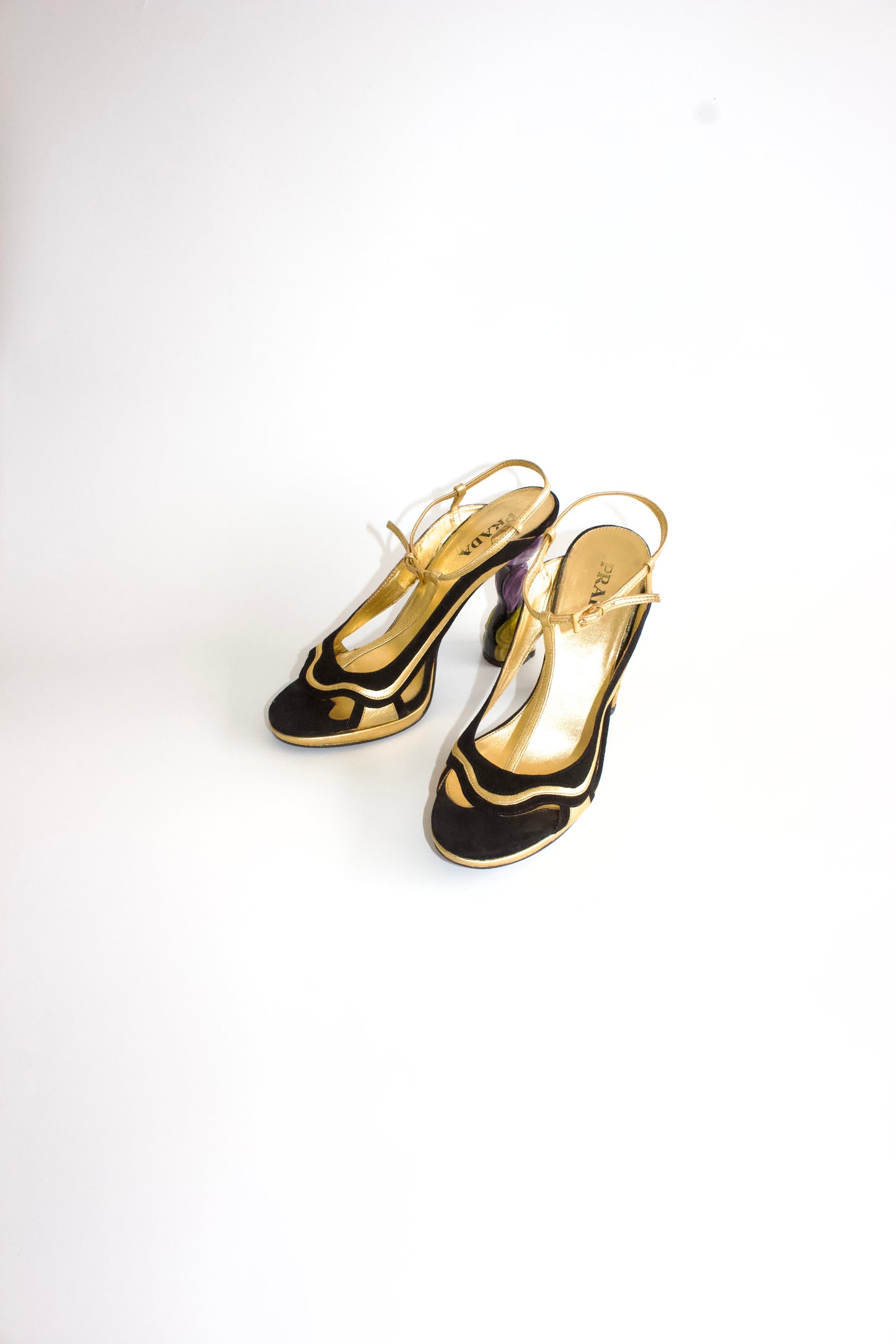 Prada SS 2008 black & gold suede ‘Fairy' floral heels