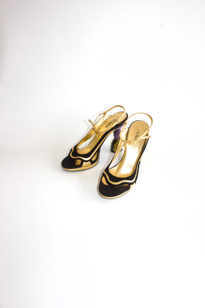 Prada SS 2008 black & gold suede ‘Fairy' floral heels