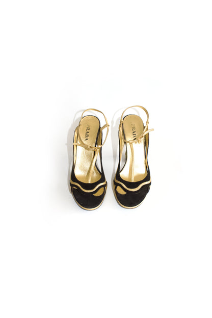 Prada SS 2008 black & gold suede ‘Fairy' floral heels
