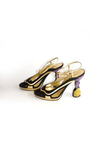 Prada SS 2008 black & gold suede ‘Fairy' floral heels