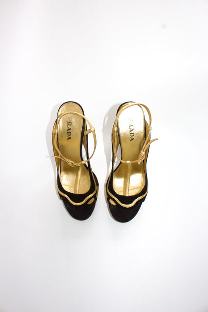 Prada SS 2008 black & gold suede ‘Fairy' floral heels