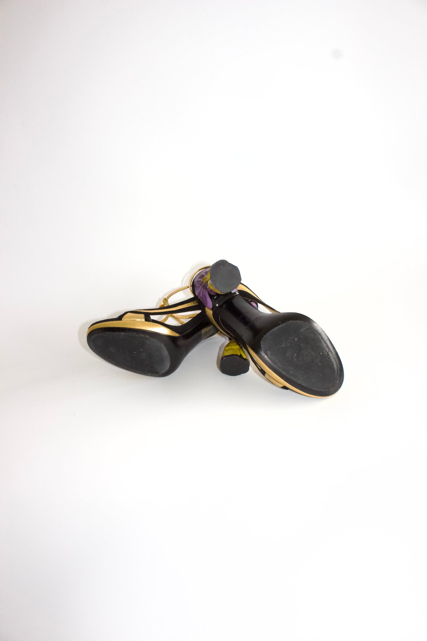 Prada SS 2008 black & gold suede ‘Fairy' floral heels