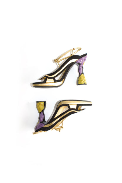 Prada SS 2008 black & gold suede ‘Fairy' floral heels