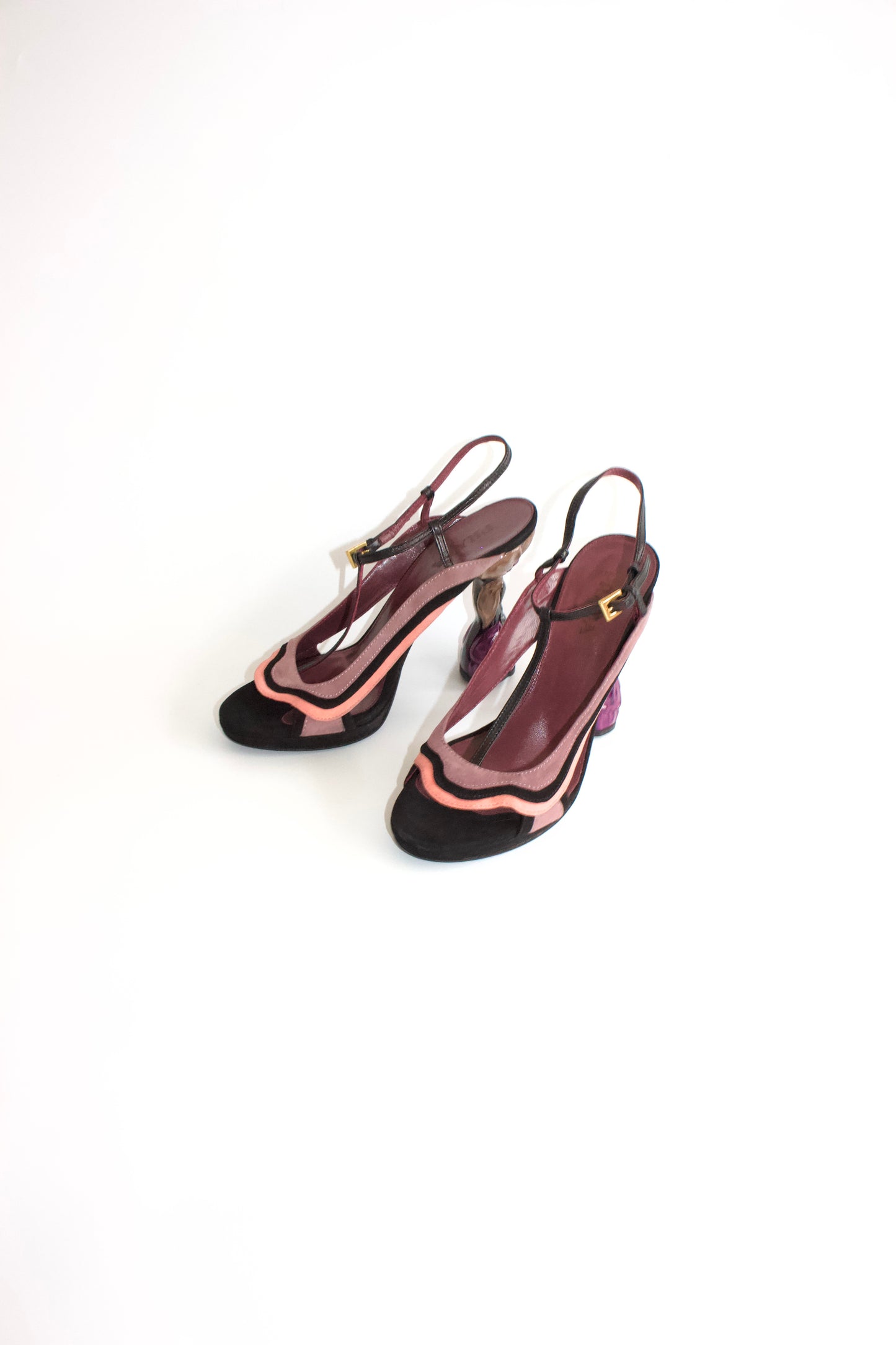 Prada SS 2008 black & pink suede ‘Fairy' floral heels