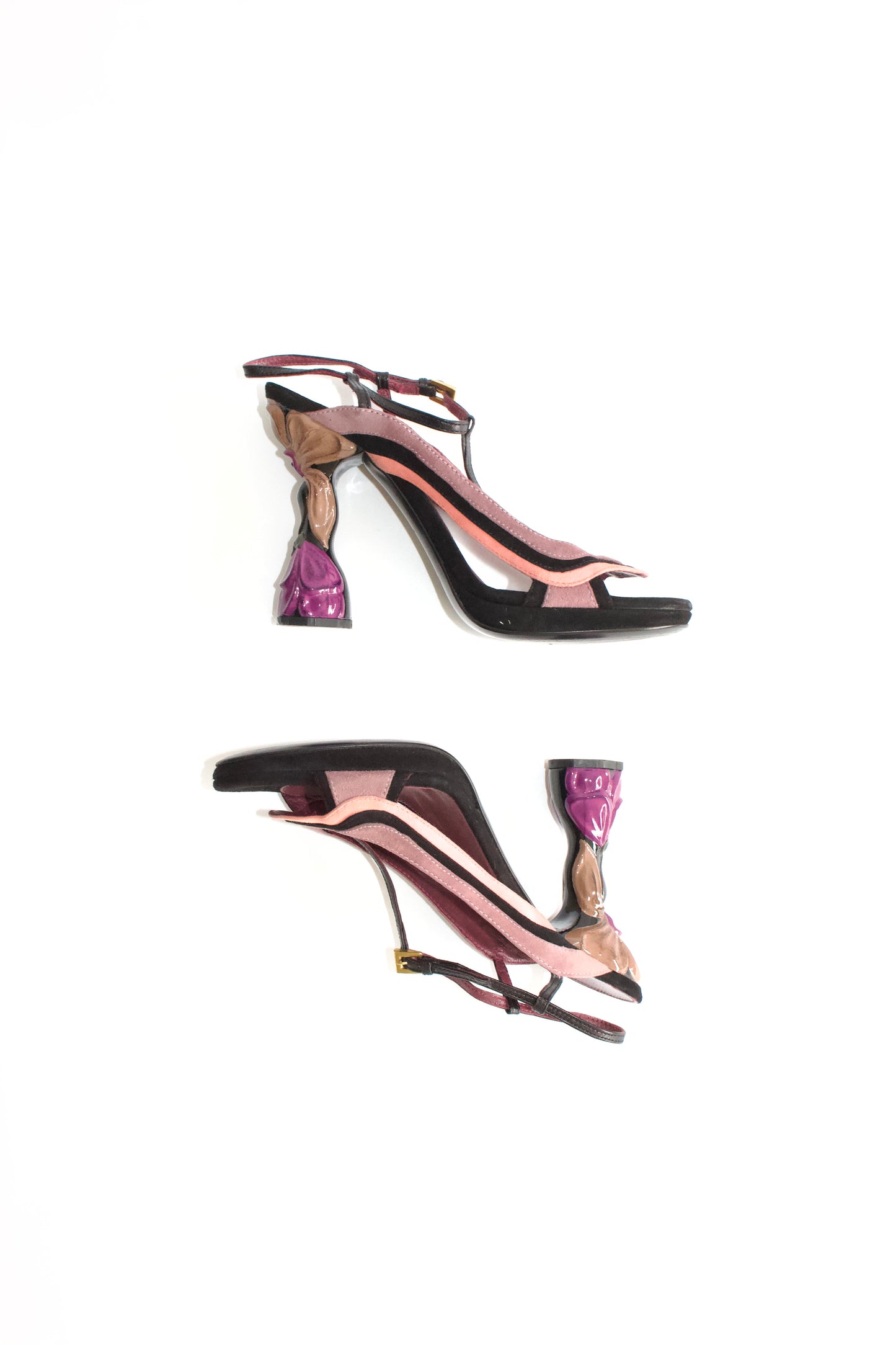 Prada SS 2008 black & pink suede ‘Fairy' floral heels