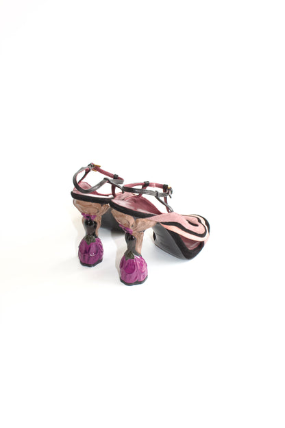 Prada SS 2008 black & pink suede ‘Fairy' floral heels