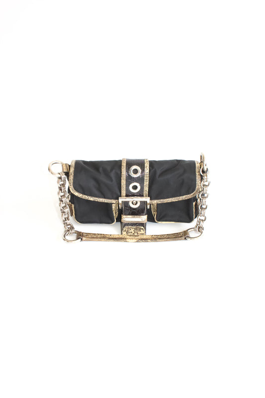 Prada FW 2004 black nylon & python pocket handbag