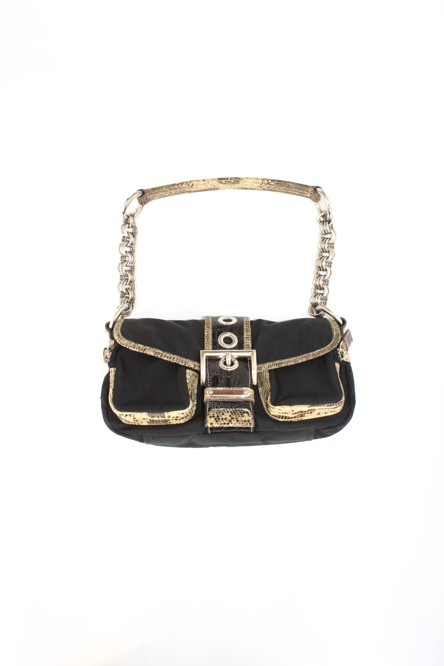 Prada FW 2004 black nylon & python pocket handbag
