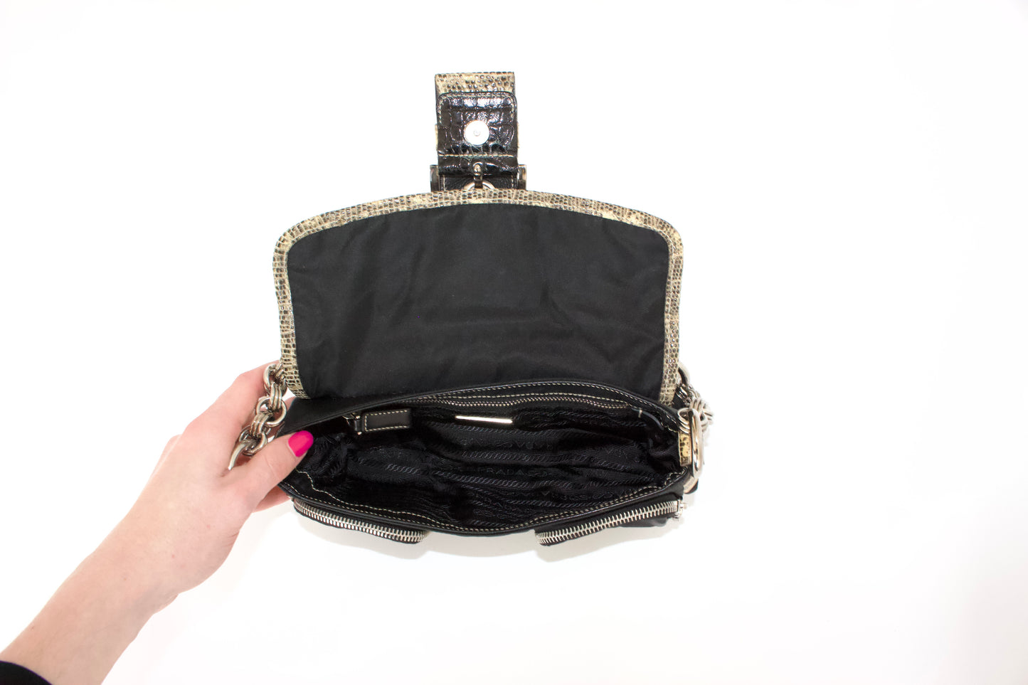 Prada FW 2004 black nylon & python pocket handbag